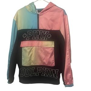 Pink Dolphin Hoodie Women Small Colorful Multicolor Polyester 1/4 Zip Sweatshirt